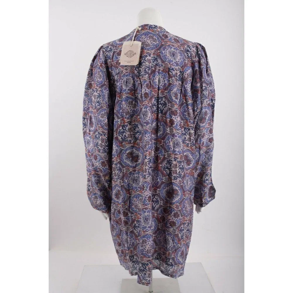 Chufy Womans Floral Ma Dress L Blue Lln Print Burma Puff sleeve Cotton Silk NWT